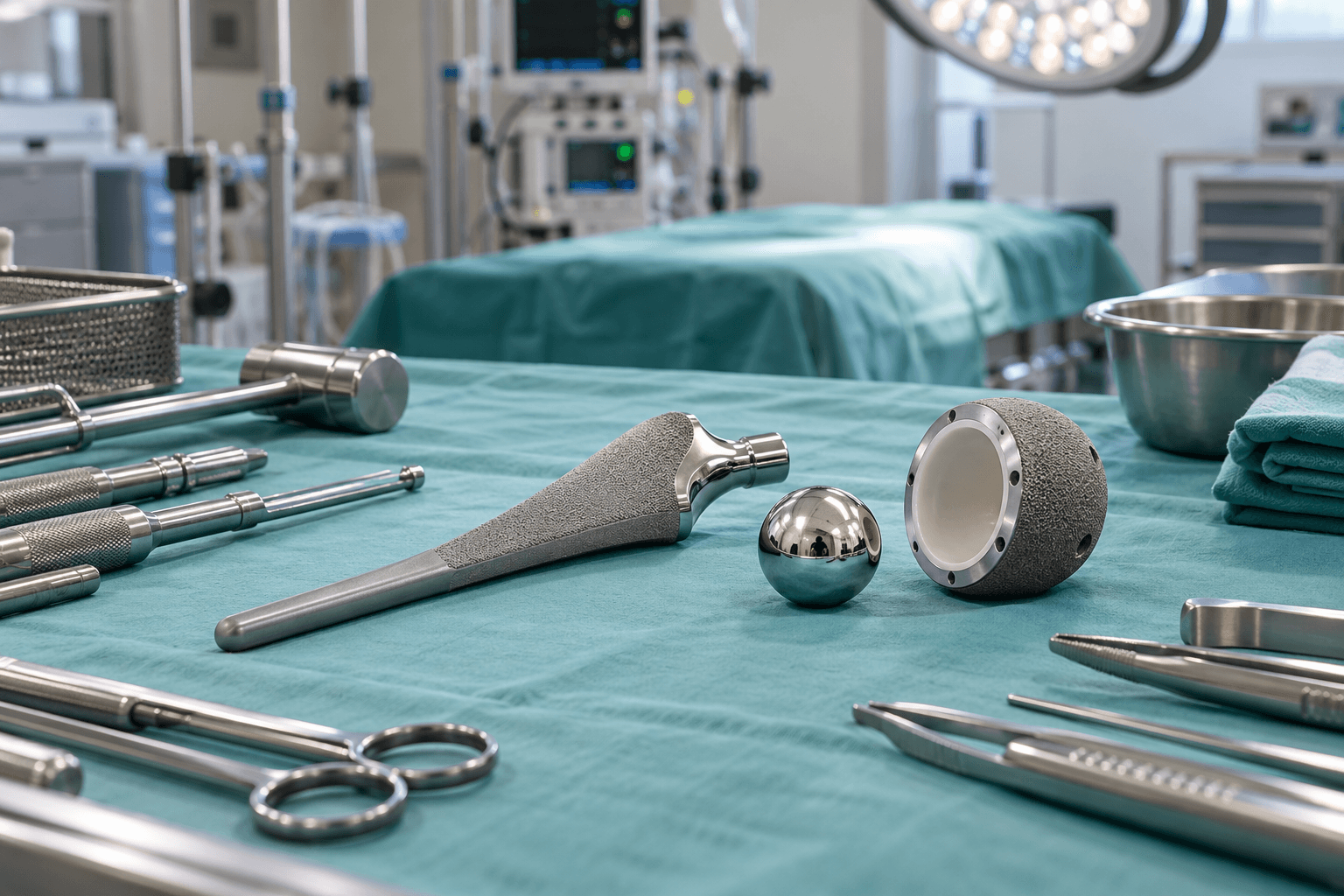 Unbranded hip prosthesis components and surgical instruments on a sterile drape