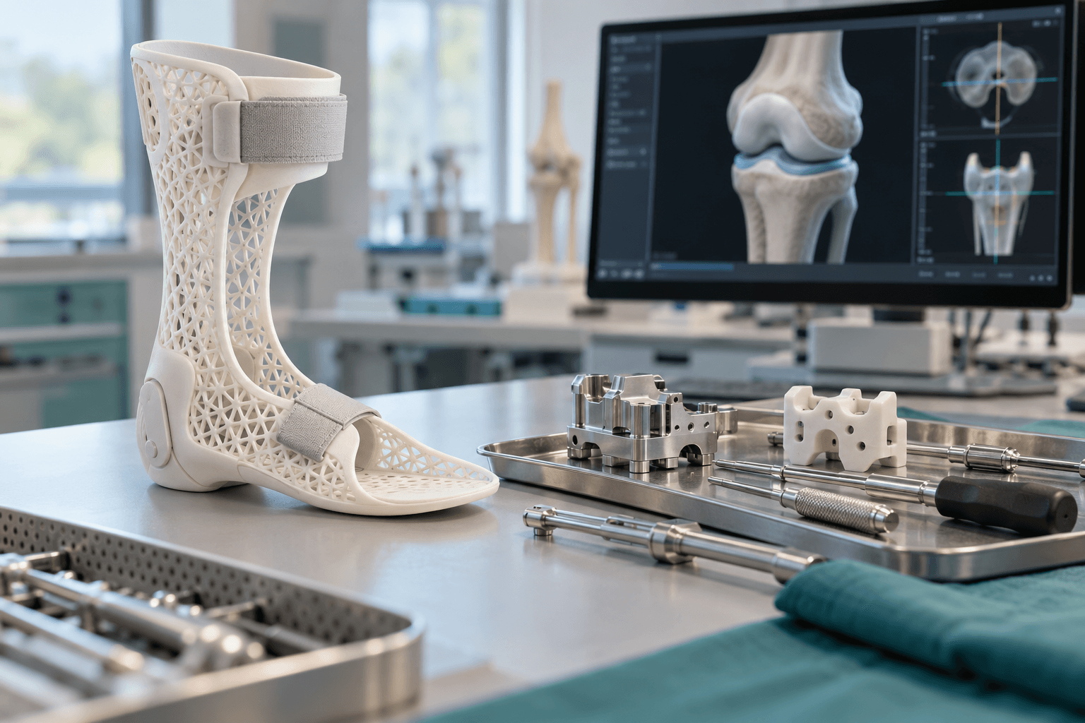 Illustrative orthotic brace beside a computer model and planning instruments